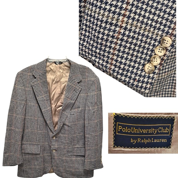 VTG Polo University Club Ralph Lauren Sport Coat Wool 44R Brown Tan Houndstooth